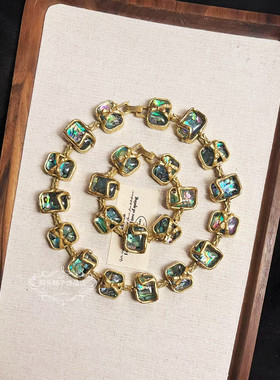 欧美宫廷风中古vintage复古铜镀金做旧鲍鱼贝方形短款项链手链女