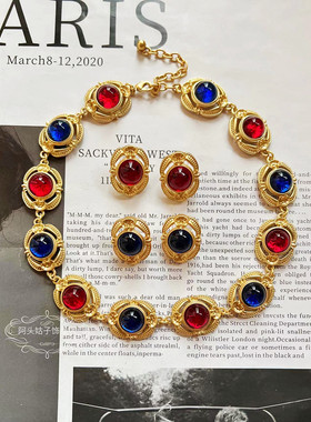 欧美复古红蓝色琉璃项链手链耳环