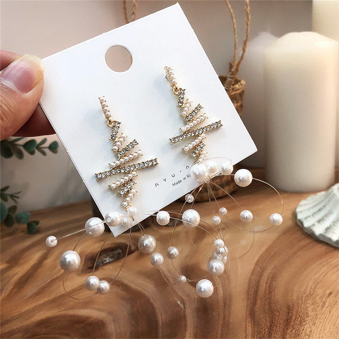 韩国chic复古气质超仙珍珠水钻鱼线吊坠925银针长款耳环女耳钉