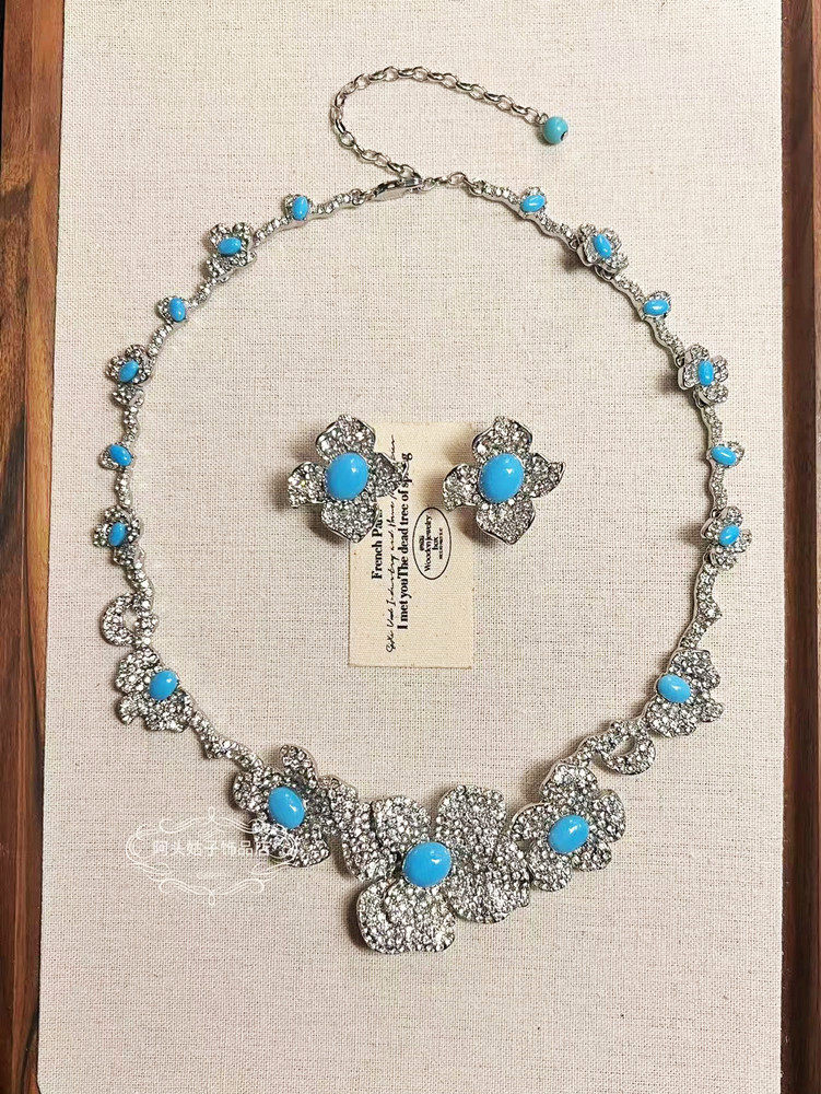 欧美宫廷风中古vintage复古气质蓝色石头白金闪钻花朵项链耳环女