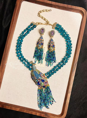 欧美宫廷中古vintage复古气质铜镀金做旧孔雀水晶流苏项链耳环女