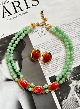 欧美风复古天然绿玛瑙红宝石项链