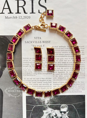 欧美宫廷中古vintage复古气质紫红色方形宝石金属短款项链耳环女