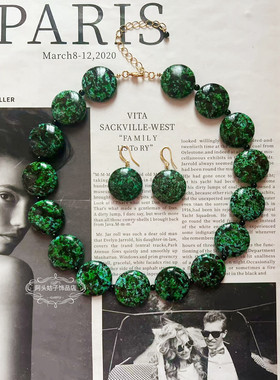 欧美宫廷中古风vintage复古气质绿色圆形天然石串珠短项链耳环女