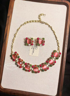 宫廷中古vintage复古气质做旧彩色天然石粉色方形项链手链耳环女