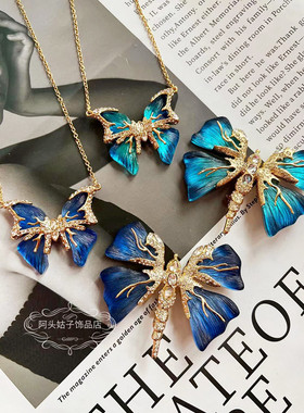 欧美宫廷风复古蓝色蝴蝶项链胸针