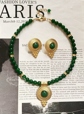 欧美宫廷中古vintage复古气质圆形绿色天然石串珠项链耳环套装女