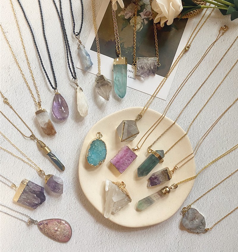 包邮欧美风复古气质不规则天然紫水晶原石吊坠短款项链女毛衣链