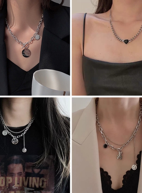 钛钢链条黑色爱心复古短款锁骨链