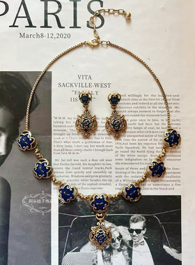 欧美宫廷风中古vintage复古气质蓝色滴油做旧项链耳环手链套装女