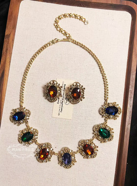 欧美宫廷风中古vintage复古气质做旧花朵彩色闪钻项链耳环手链女