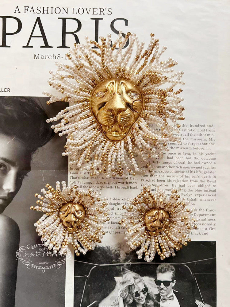 欧美宫廷中古vintage复古气质珍珠串珠流苏狮子头耳环胸针戒指女