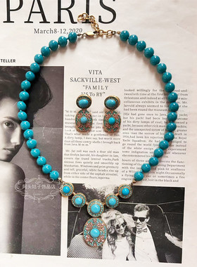 欧美宫廷风中古vintage复古气质做旧蓝色松石闪钻串珠项链耳环女