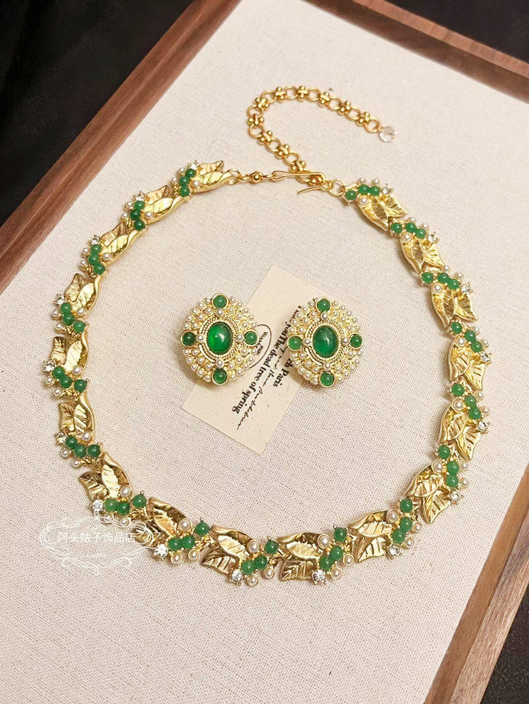 欧美宫廷风中古vintage复古气质铜镀金绿色天然石珍珠项链耳环女