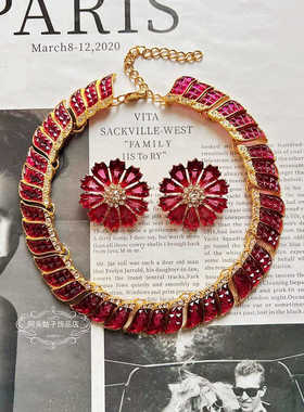 欧美宫廷中古vintage复古气质玫红色闪钻花朵胸针戒指耳环项链女