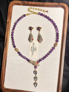 欧美宫廷中古vintage复古气质做旧紫色天然石闪钻蛇形项链耳环女