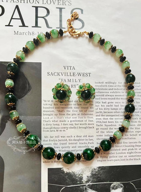 欧美中古绿色琉璃项链耳环耳夹女