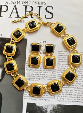 欧美复古黑色方形金属项链耳环