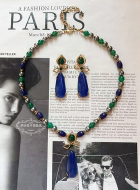 欧美宫廷风中古vintage复古气质蓝绿色水滴天然石珍珠项链耳环女