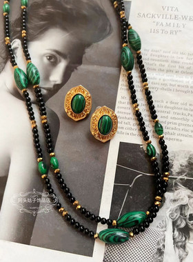 欧美宫廷中古vintage复古气质孔雀石黑色串珠长款毛衣项链耳环女