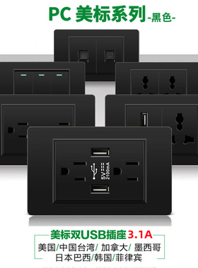 118型美标15A插座PC塑料黑色110v带USB面板台湾美规墙壁美式typeC