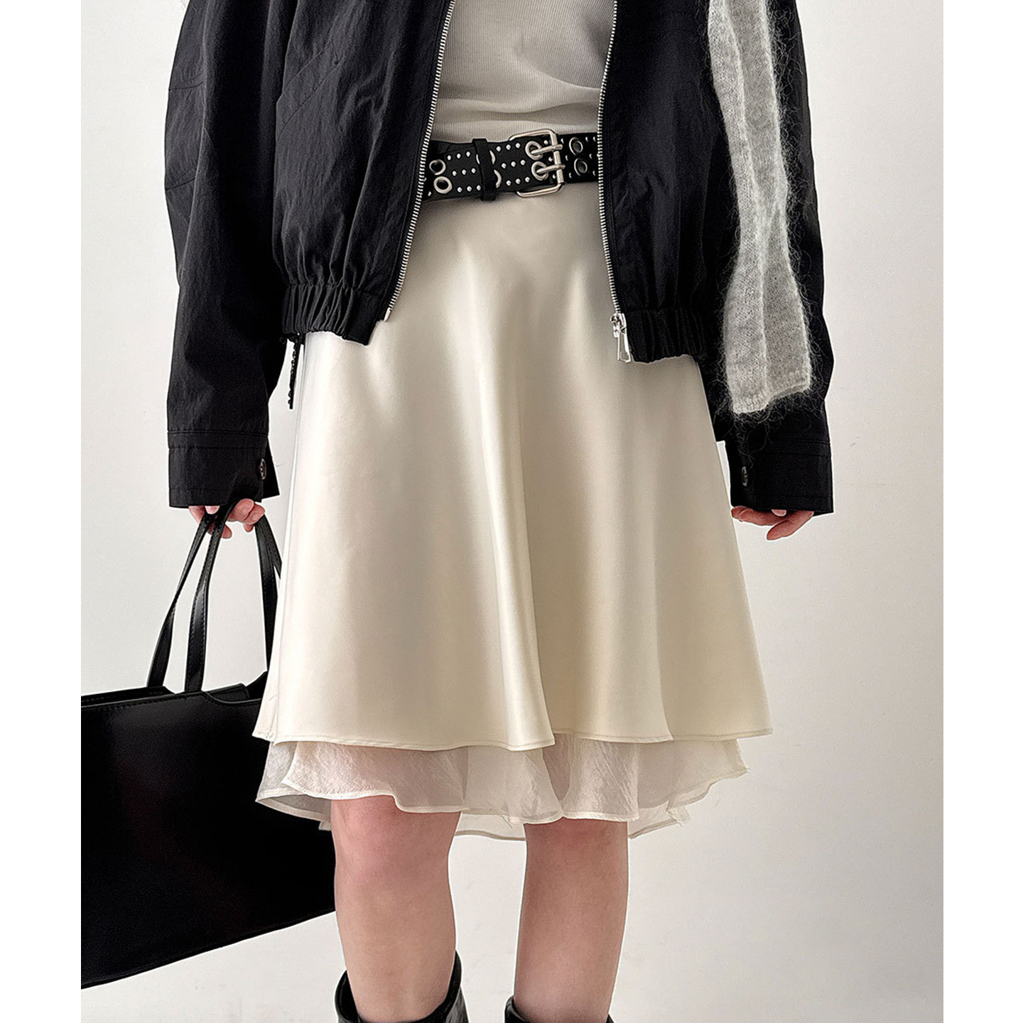 高腰拼接半身裙女2026春季新款荷叶边a字裙高级感气质松紧腰中裙