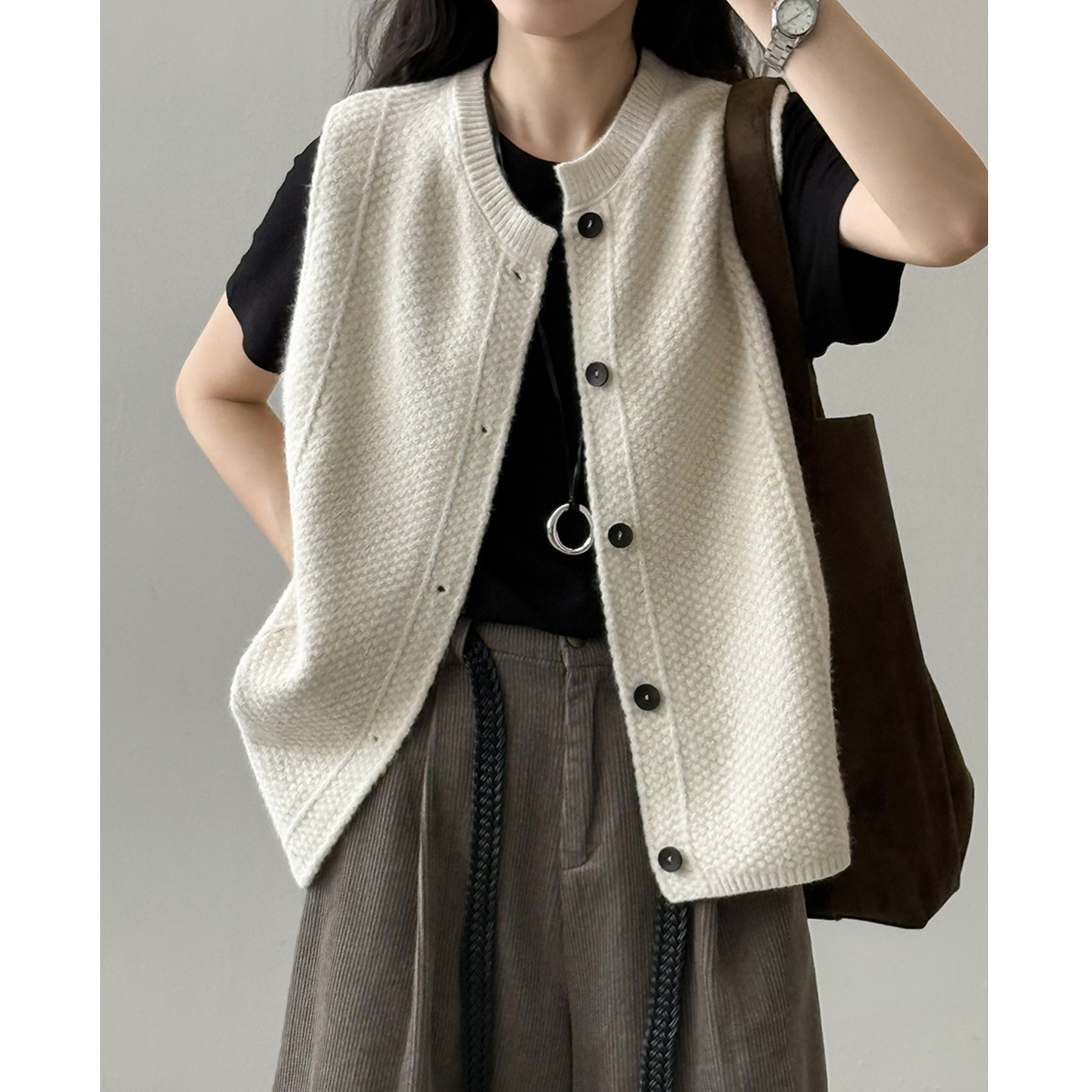 复古纯色叠穿针织马甲女上衣开衫