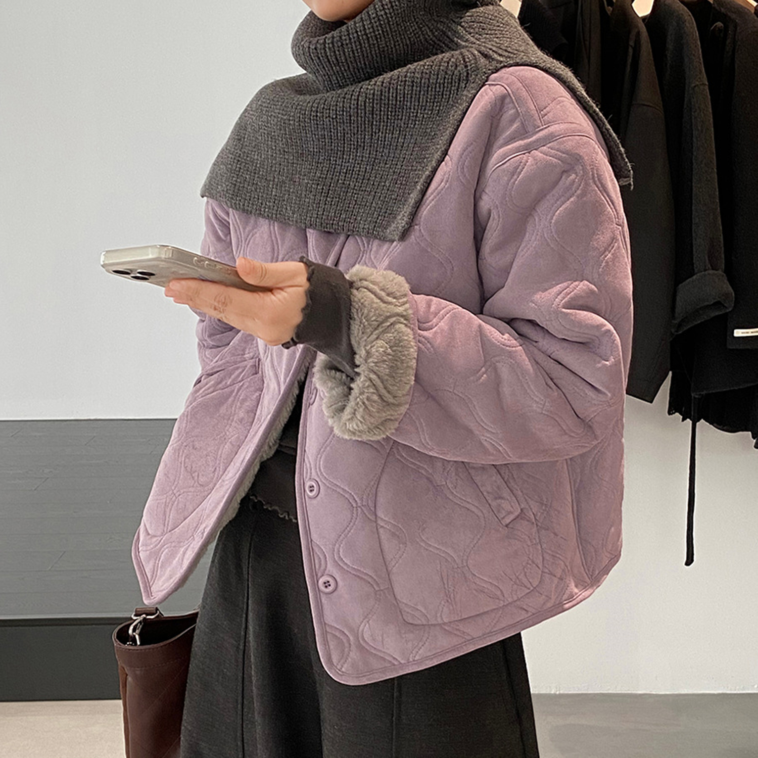 复古菱格双面穿棉服外套女配围脖