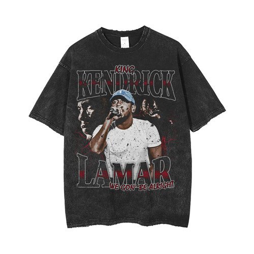 Kendrick Lamar Vintage Rap Tee 洗水灰做旧t恤磨边复古宽松圆领 - 封面