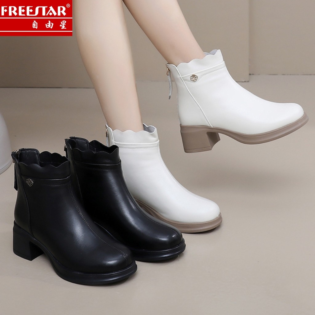 自由星女鞋2025冬季新款加绒保暖粗跟皮鞋气质真皮高跟妈妈靴子女