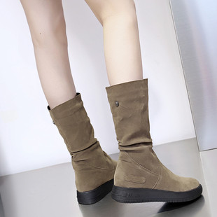 加绒保暖棉鞋 复古褶皱堆堆靴女磨砂平底2024秋冬新款 防滑中筒厚底