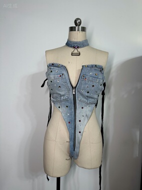 爱瑟诗莱原创设计蓝色元素牛仔演出服gogo 女歌手定制