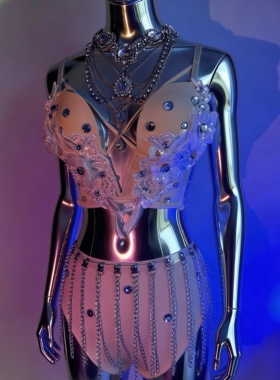 GOGO演出服性感深V电音节欧美舞蹈流苏钻闪欧美挂脖紧身歌手定制