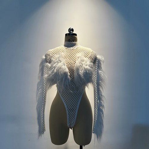 白网格毛毛元素拼接裤打歌演出服女歌手舞蹈gogo原创定制系列