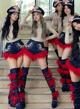 歌手舞蹈女团gidle打歌服同款女团满钻牛仔皮草演出服重工定制