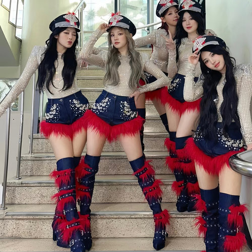 歌手舞蹈女团gidle打歌服同款女团满钻牛仔皮草演出服重工定制