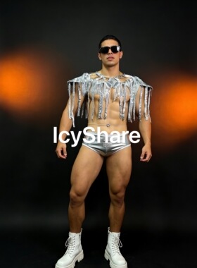 爱瑟诗莱肌肉男gogo坎肩简章银色流苏披肩舞台装歌手演出服