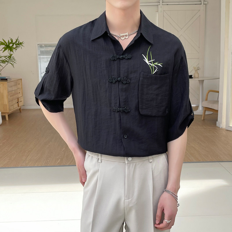 2025夏新款男士新中式宽松绣花亚麻透气短袖衬衫潮A202CS9019P60图片