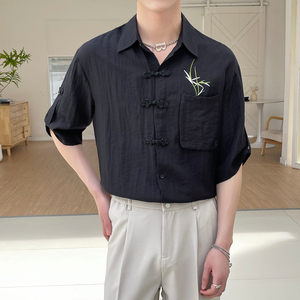 2025夏新款男士新中式宽松绣花亚麻透气短袖衬衫潮A202CS9019P60图片