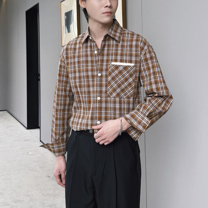 2025春夏新款格子廓形长袖衬衫褶皱设计美式复古上衣A202CS336P65,男装衬衫,星座1311（原A202）