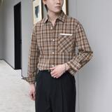 2025春夏新款格子廓形长袖衬衫褶皱设计美式复古上衣A202CS336P65，男装衬衫，星座1311（原A202）