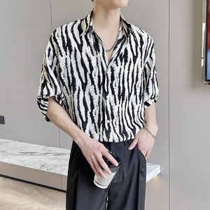 2025春夏新款男韩版ins斑马纹短袖衬衫轻奢抖音A202CS020P55图片