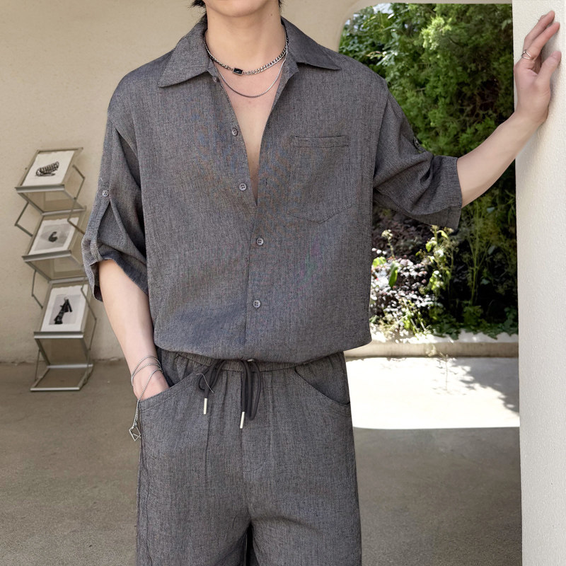 老钱休闲慵懒风翻领五分袖衬衫男宽松痞帅短袖衬衣1311CS3917P60，男装T恤，星座1311（原A202）