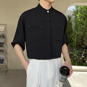 新中式风立领暗扣短袖衬衫男士冰丝高级感垂感衬衣A202CS318P55,男装衬衫,星座1311（原A202）