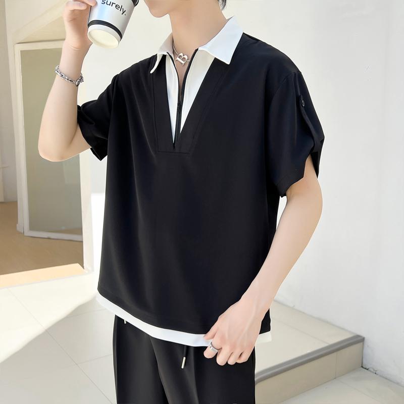 夏季设计感假两件短袖衬衫男士痞帅套头半袖冰丝衬衣A202CS628P55,男装衬衫,星座1311（原A202）