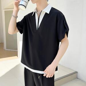 夏季冰丝设计感假两件短袖衬衫男士痞帅套头半袖衬衣A202CS628P55图片
