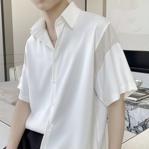 夏季新款拼色轻奢潮宽松短袖衬衫冰丝垂坠感上衣A202CS030P55，男装T恤，星座1311（原A202）