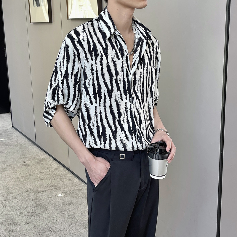 2025春夏新款男韩版ins斑马纹短袖衬衫轻奢抖音A202CS020P55,男装T恤,星座1311（原A202）