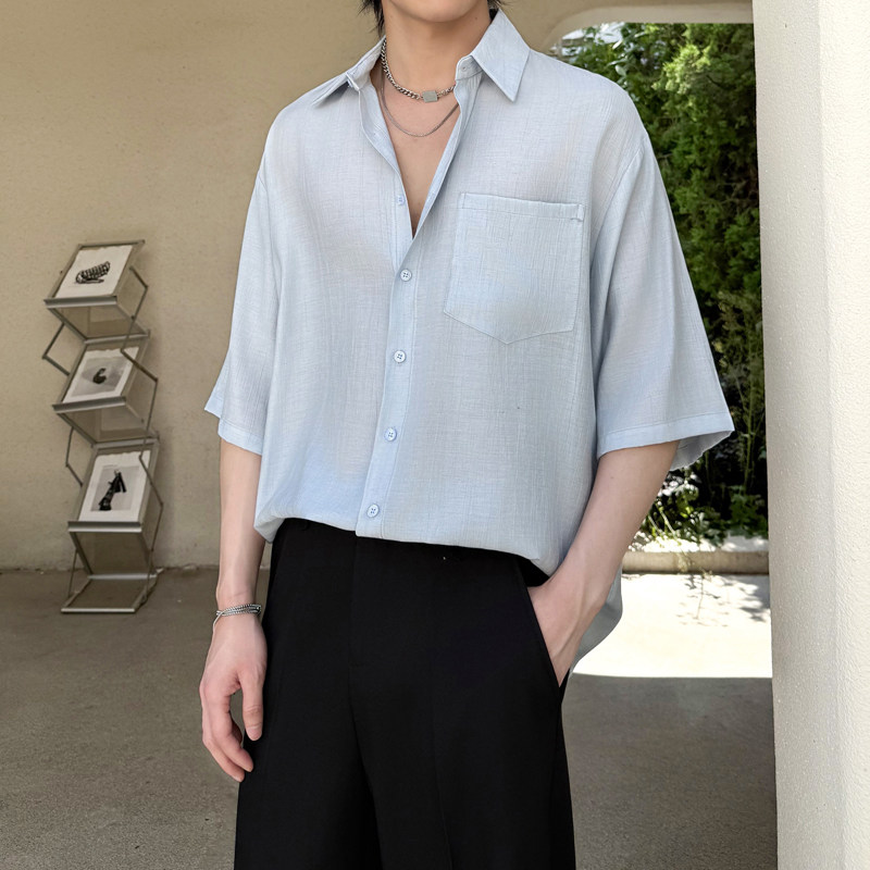 轻奢高级感短袖衬衫男士夏宽松亚麻透气五分袖衬衣1311CS3919P58，男装T恤，星座1311（原A202）