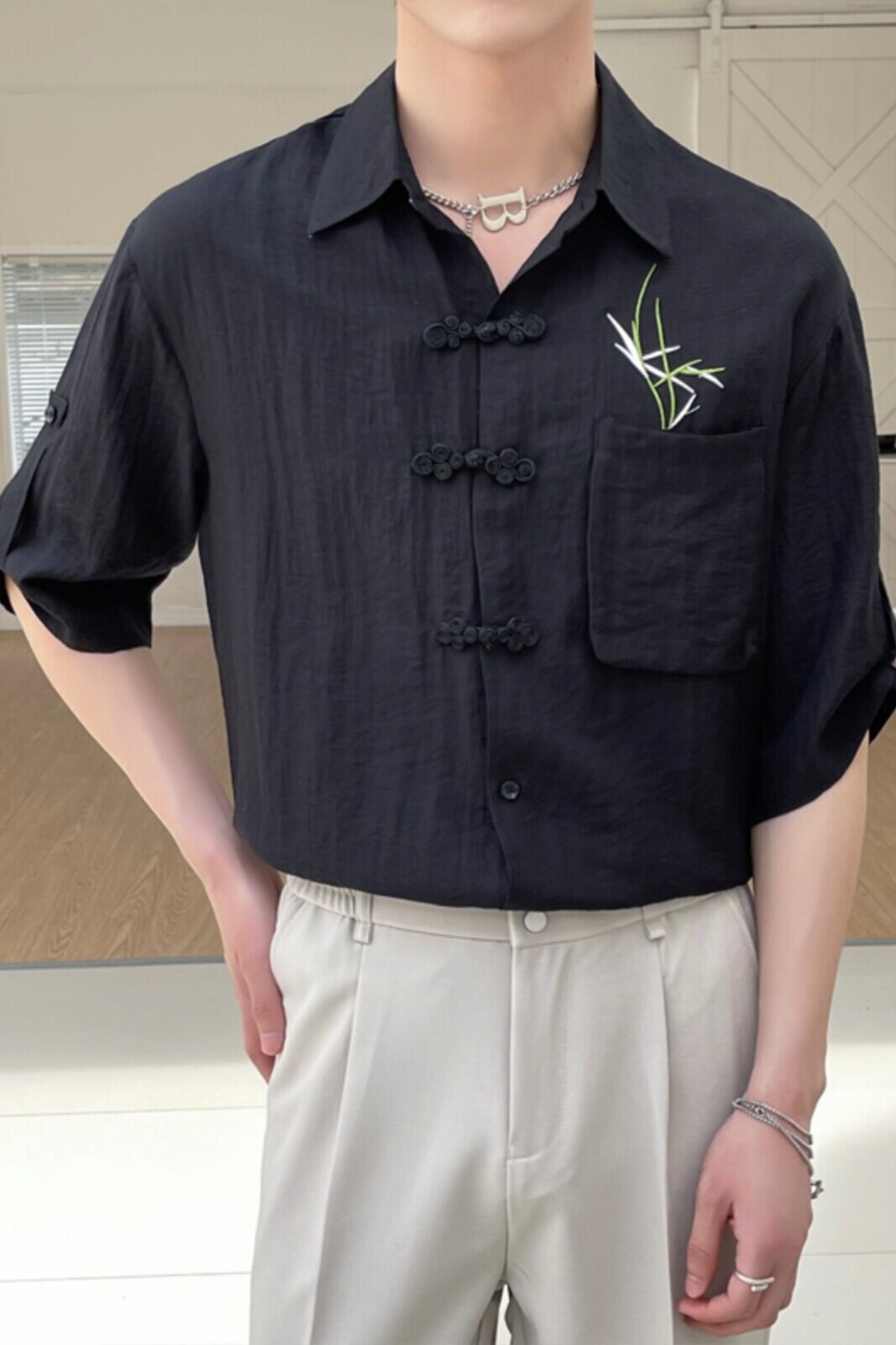 2025夏新款男士新中式宽松绣花亚麻透气短袖衬衫潮A202CS9019P60,男装衬衫,星座1311（原A202）